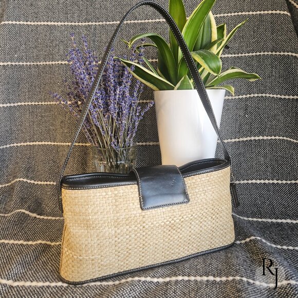 Coach Vintage Straw Tote – Black Leather Trim with Turnlock - Picture 7 of 16